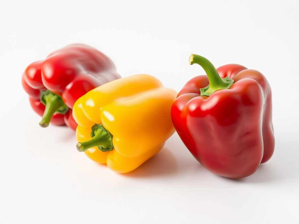 High-resolution image of three bell peppers (red, yellow, green) on a clean white background, using a DSLR camera at f/2.8 aperture, ISO 100, 50mm lens, with soft natural lighting from the left side.