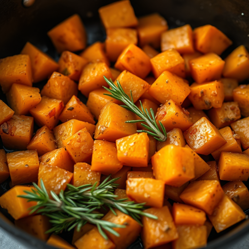 Capture a close-up shot of diced sweet potatoes sizzling in a cast iron skillet with fresh rosemary, natural light from the side, f/2.8 aperture, 1/60s shutter speed, ISO 400, maintaining a warm color palette for a vibrant look.