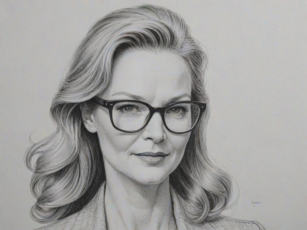 Exquisite Joan Allen, pencil sketch, portrait of Magnificent woman 1975s in glasses, hair style beatnik, outline, clear lines, fine lines, 8k