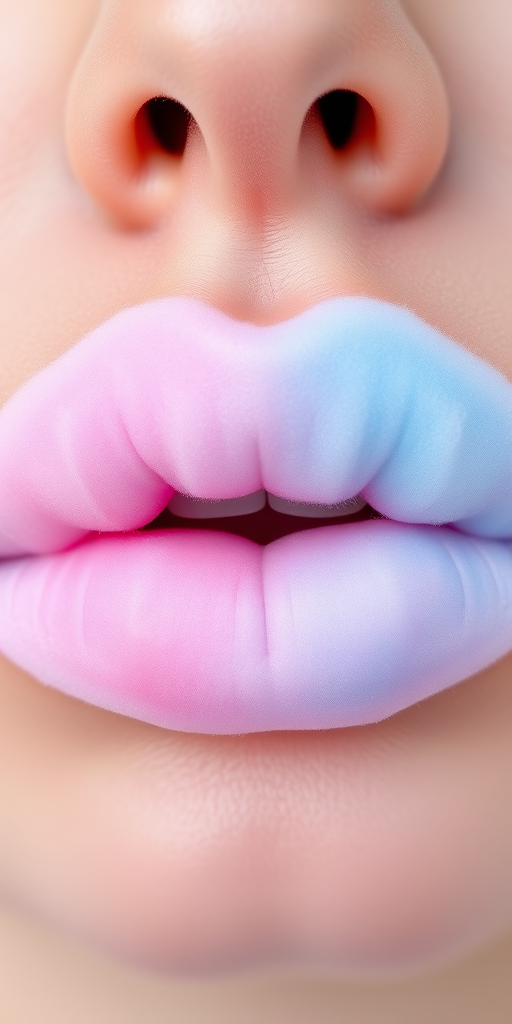 Dreamy cotton candy lips blend soft pink and blue hues, creating a whimsical ombre effect reminiscent of fluffy fairground treats