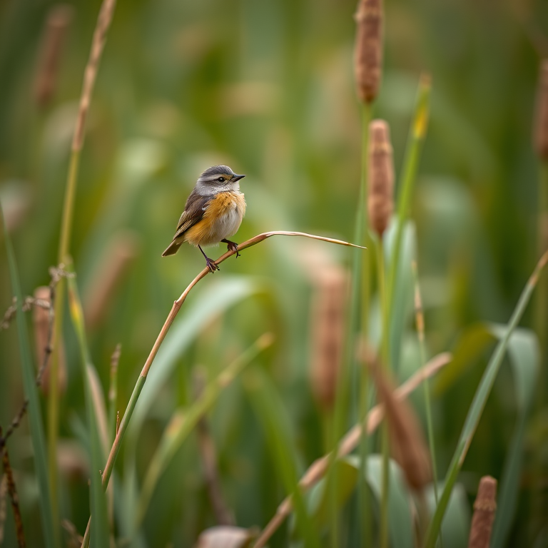 Capture a close-up of a small bird perched on a thin reed in a field of tall grass, using a DSLR camera, 85mm lens, f/2.8 aperture, ISO 200, 1/500s shutter speed, natural lighting, with a shallow depth of field for a blurred background.