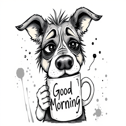 A quirky, artistic illustration of a disheveled bull arab dog breed with exaggerated, large eyes and spiky fur, holding a coffee mug that reads "Good Morning". The dog has a tired but humorous expression, with ink splatters and abstract details surrounding it, giving a whimsical feel to the image. The color palette is mostly monochrome with hints of white in the eyes and steam rising from the mug, enhancing the overall sleepy vibe