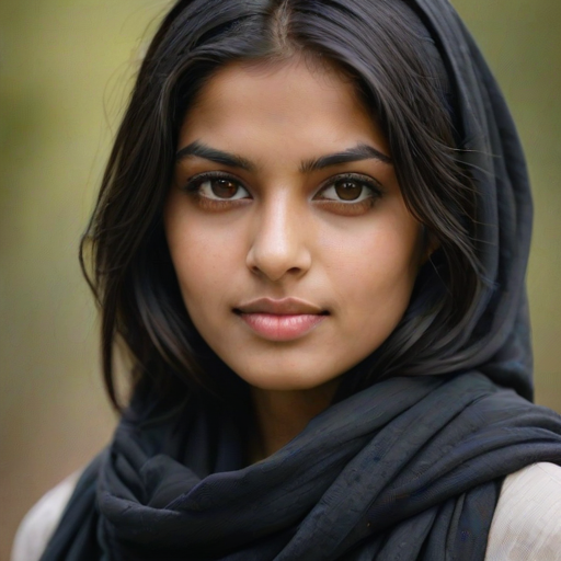 Create a portrait of a young Indian woman with long, dark hair and captivating hazel eyes. She is wearing a black headscarf and a matching scarf draped gracefully around her neck. The background is softly blurred, focusing attention on her serene and natural expression. The overall color palette is muted and warm, enhancing the intimate and authentic feel of the portrait.