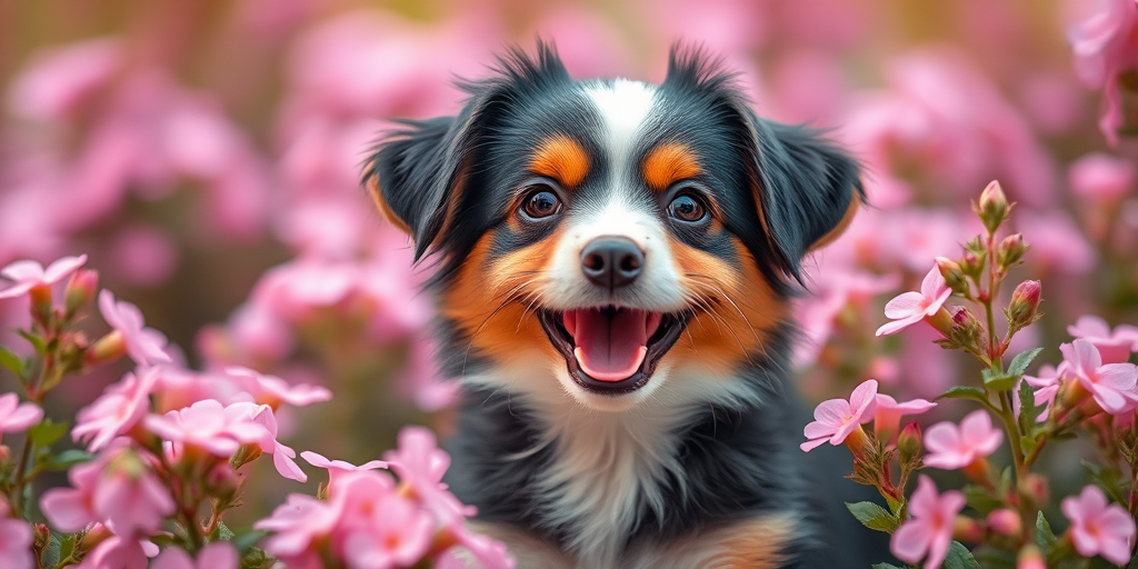 A happy small dog with black, brown, and white fur sitting among pink flowers in a soft-focus background, taken with a Canon EOS R5, 50mm f/1.2 lens, aperture f/2.0, 1/250 sec, ISO 100, portrait mode, natural lighting.