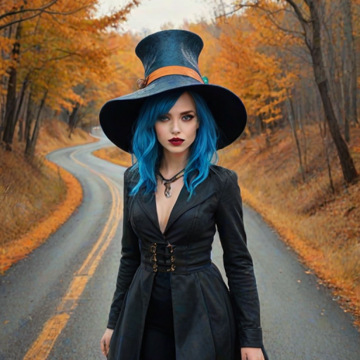 digital art fantasy depicting a strange girl with blue hair, long eyelashes, orange lipstick and a tall hat walking along a winding road on an autumn afternoon, an Cobra smiles as she passes