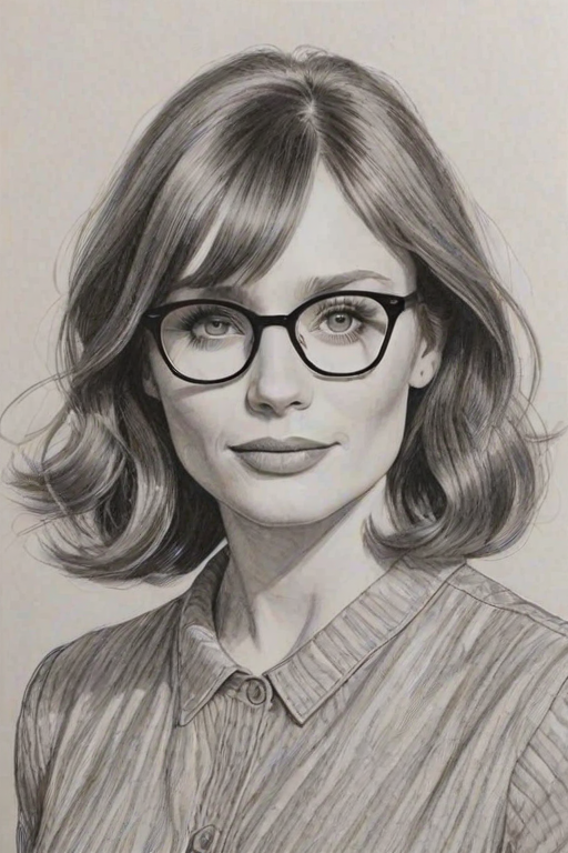 Fetching Bryce Dallas Howard, pencil sketch, portrait of Bewitching woman 1962s in glasses, hair style beatnik, outline, clear lines, fine lines, 8k