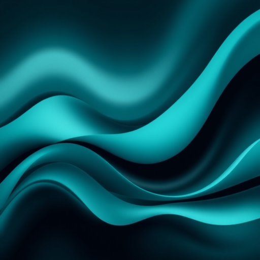Create an abstract image with smooth, flowing teal and black waves, gentle gradients, and a sleek modern design, using a DSLR camera with a 50mm lens, f/1.8 aperture, ISO 100, and a slight motion blur effect to enhance depth.
