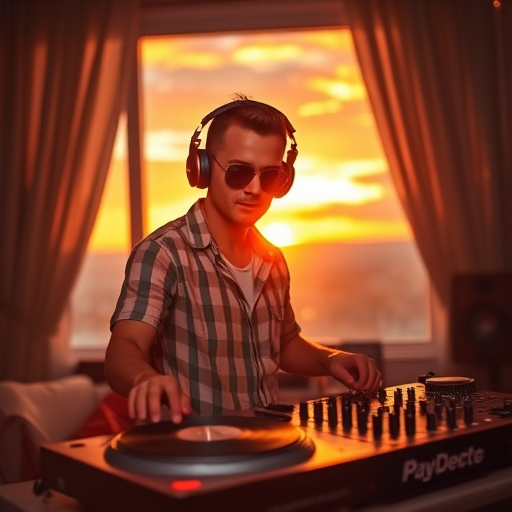Create an image of a DJ in a cozy indoor setting during sunset, wearing sunglasses and headphones, with a turntable and equipment on a table, vibrant colors in the sky, soft focus, with a DSLR camera, 50mm lens, f/1.8 aperture, ISO 200, and a warm color palette.