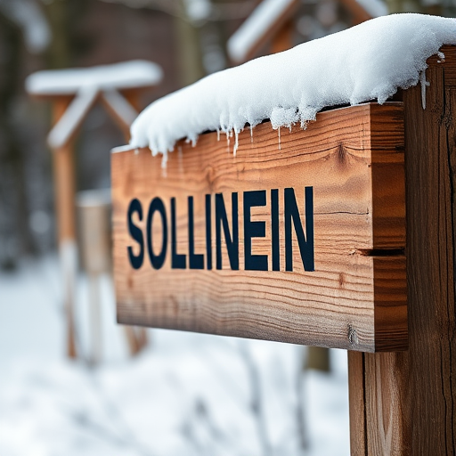 A wooden sign with snow on top, captured with a DSLR camera, 50mm lens, f/2.8 aperture, 1/200s shutter speed, natural lighting, shallow depth of field, front view.