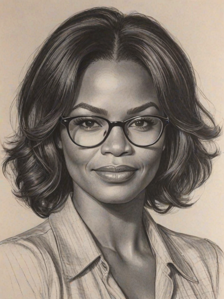 Bewitching Nia Long, pencil sketch, portrait of Dazzling woman 1972s in glasses, hair style beatnik, outline, clear lines, fine lines, 8k