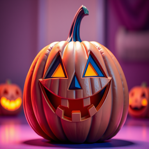 Create a vibrant cartoon-style image of a Halloween pumpkin with a wide grin and triangular eyes, captured with a DSLR camera, 50mm lens, f/2.8 aperture, ISO 100, in a bright studio setting with soft lighting to enhance colors and details.