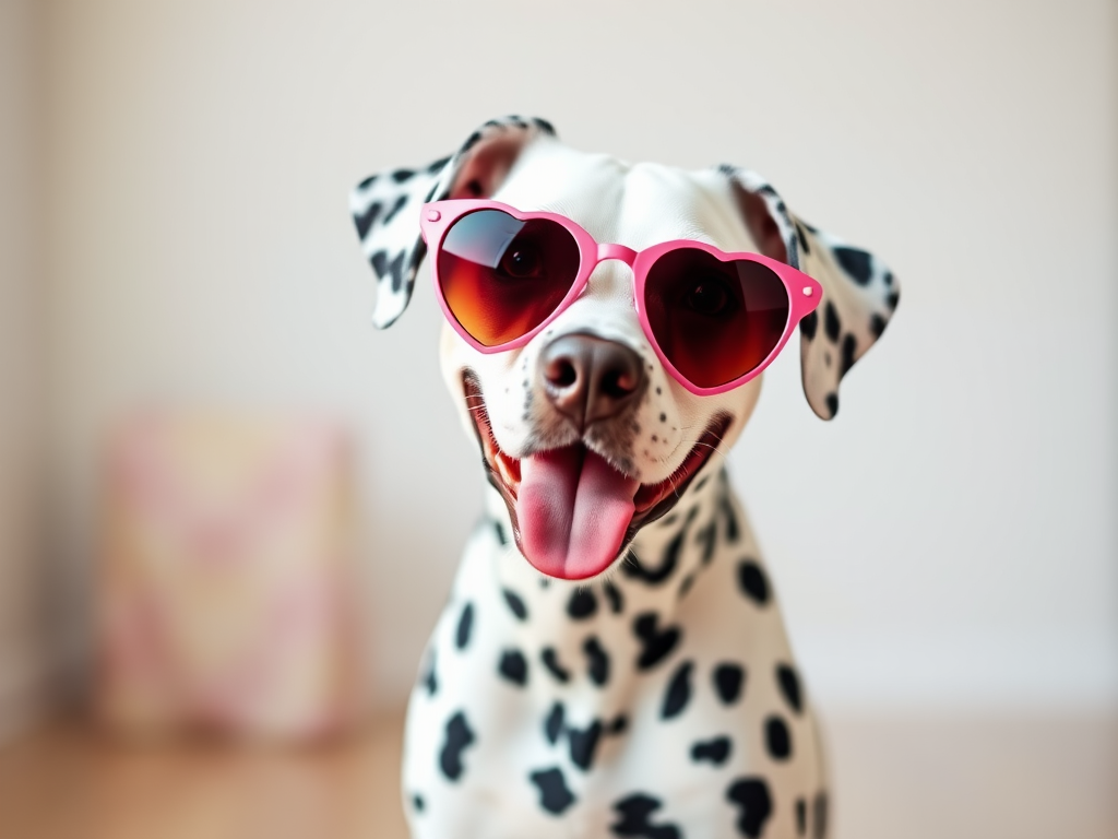 A stylish Dalmatian dog wearing heart-shaped sunglasses sitting indoors with a light background and a playful expression