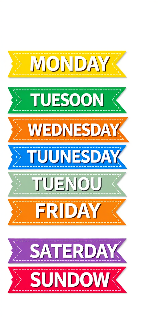Create a colorful digital illustration of seven decorative banners for each day of the week, arranged vertically, using vibrant colors for each day: yellow for Monday, pink for Tuesday, green for Wednesday, orange for Thursday, blue for Friday, purple for Saturday, and red for Sunday, with bold white text on each banner, shot with a Canon EOS R5 at f/2.8, 1/250s, ISO 100, in a clean, bright studio setting to ensure high clarity and color saturation.