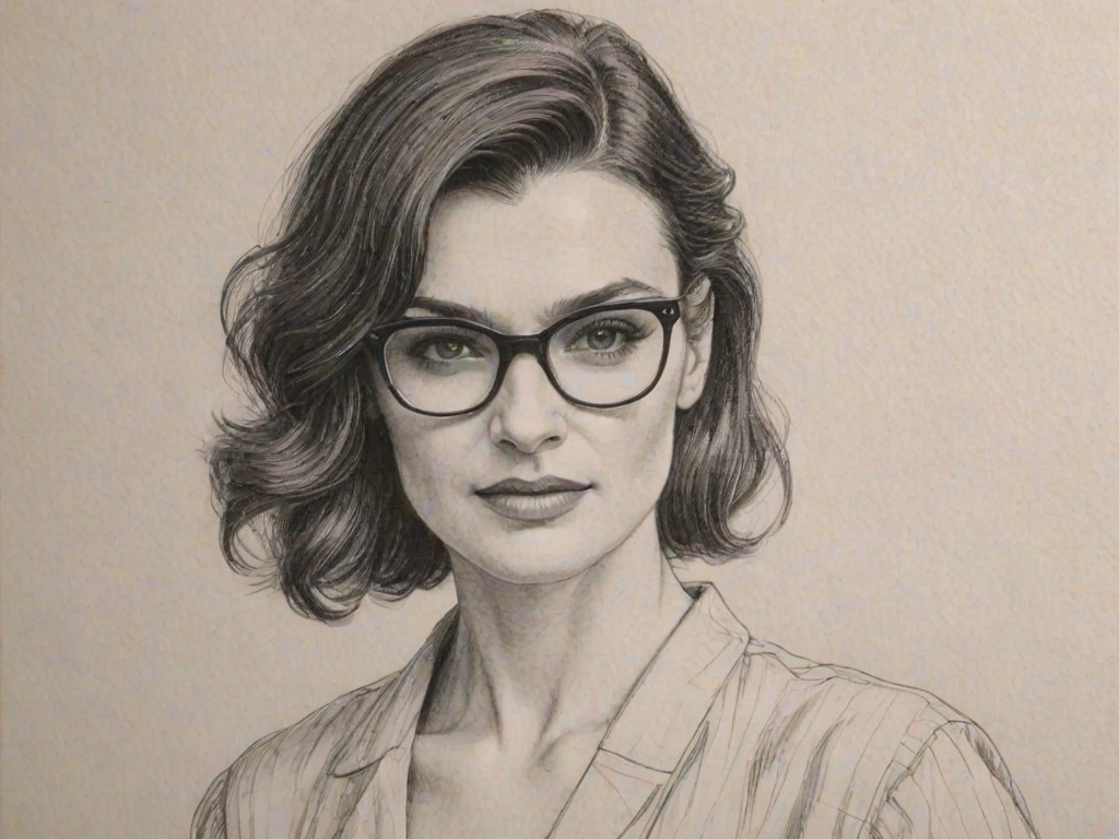 Pleasing Rachel Weisz, pencil sketch, portrait of Beauteous woman 1957s in glasses, hair style beatnik, outline, clear lines, fine lines, 8k