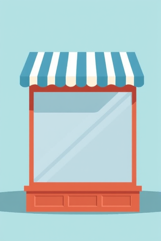 Create an illustration of a shop window with a striped awning, using a soft blue background, with a focus on minimalism and flat design, shot with a Canon EOS R5 at f/8, ISO 100, 50mm lens, using natural lighting and a slight top-down angle for a clean presentation.