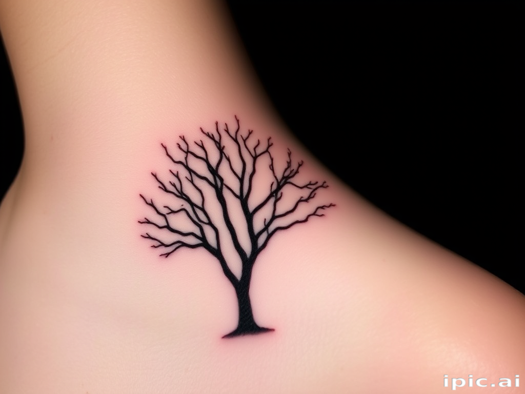 Delicate white-on-black negative space tattoo called "Moonlit Silhouette" depicting the silhouette of a tree with bare branches against a night sky, created by leaving areas of skin untouched within a solid black backgroun