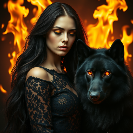 A woman with long dark hair, wearing a black lace dress that seamlessly blends into her skin with intricate floral patterns. She is in the foreground, with a black wolf beside her; its fur is midnight black, and it has glowing, intense, orange eyes that match hers. Her eyes are partially closed with burning embers above them, giving a fiery and mystical aura. The background is engulfed in tall, roaring flames, contributing to an overall dark and supernatural atmosphere. The colors are intense, predominantly black, fiery orange, and deep reds, with sharp contrast highlighting the mysterious and fierce theme. The flames are bright and dynamic, casting dramatic light and shadow, illuminating the woman and wolf while leaving parts in near darkness. The image evokes a sense of otherworldly power and connection between the woman and the wolf.