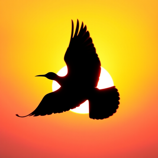 Create an abstract black silhouette of a bird in flight against a vibrant sunrise background with soft pastel colors, captured using a DSLR camera at aperture f/8, ISO 100, 50mm focal length, in landscape orientation for enhanced clarity and detail.