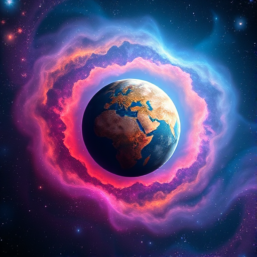 Generate a high-resolution image of a vibrant outer space scene featuring a colorful planet surrounded by swirling cosmic nebulae and stars, captured with a DSLR camera at 24mm, f/2.8, ISO 400, using a wide-angle lens for a dynamic view with increased depth of field.