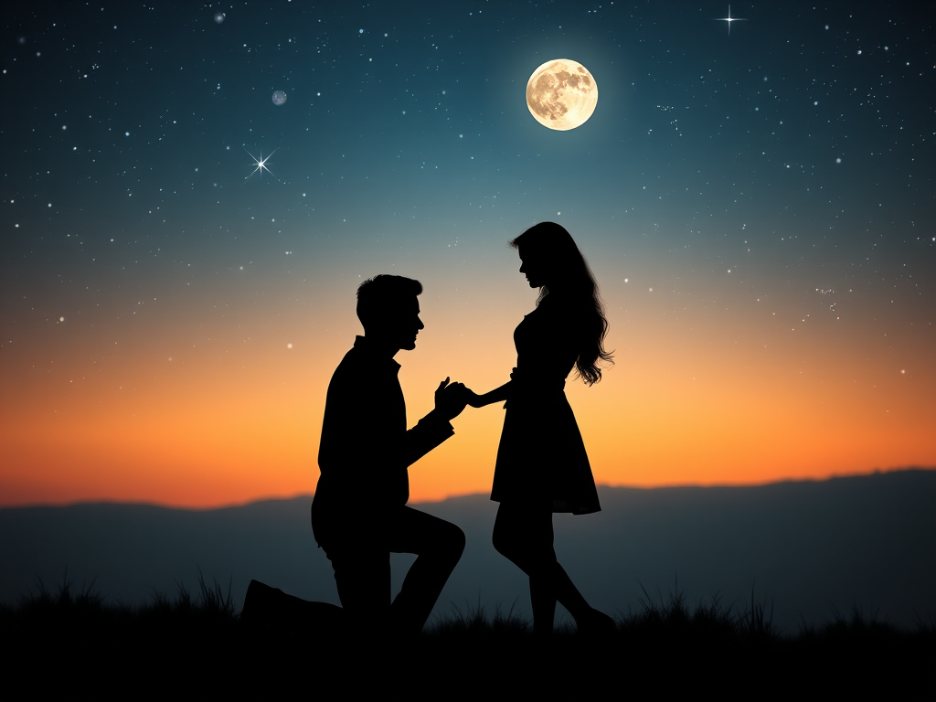 Create a romantic silhouette image of a man proposing to a woman under a starry night sky with a glowing moon in the background, using a DSLR camera with a 50mm lens, aperture f/2.8, ISO 100, and a wide-angle view to enhance the depth and details of the scene.