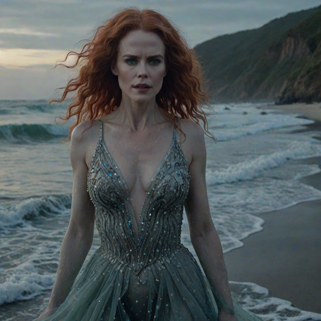 Bewitching image of Nicole Kidman, Big Little Lies star, with her porcelain skin and cascading red curls, emerging from misty waves in a sheer, iridescent gown, on a moonlit beach dotted with bioluminescent algae