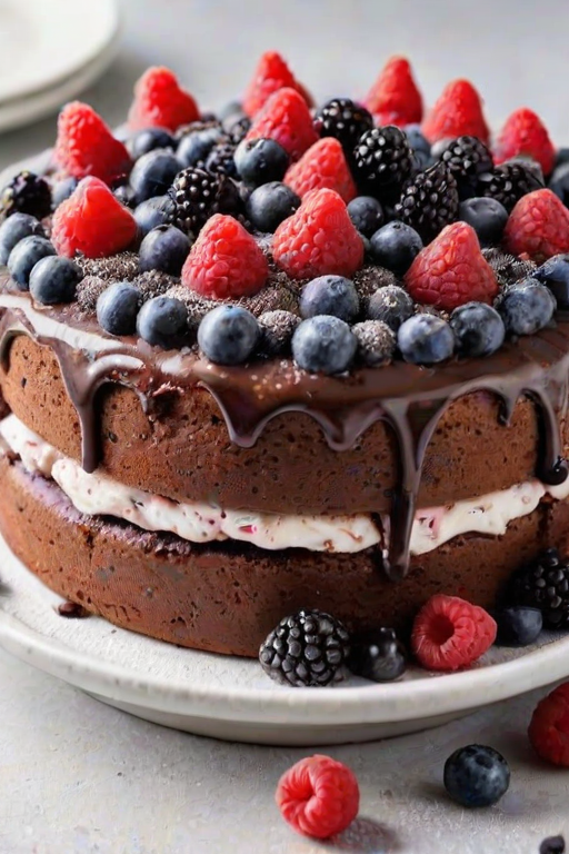 A decadent two-layer chocolate cake topped with a generous assortment of fresh raspberries, blueberries, and blackberries, dusted with powdered sugar, presented on a white plate against a light background.