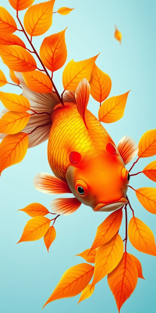create an illustration of a goldfish intertwined with vibrant orange and yellow leaves against a light blue background, using a macro lens, f/2.8 aperture, 1/60 shutter speed, and soft lighting for enhanced clarity and detail, digital art style