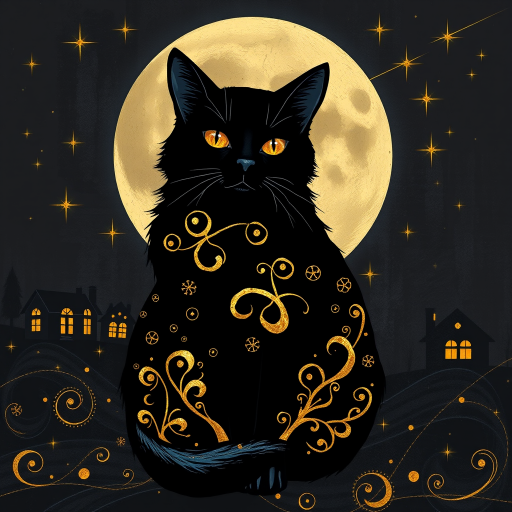 a stylized black cat with iridescent golden arabesques all over its body, on a grungy smoky black background with matching celestial designs, a full moon with silhouettes of lit houses, bright shooting stars, dazzling, magical BG, reminiscent of Christmas wonderland