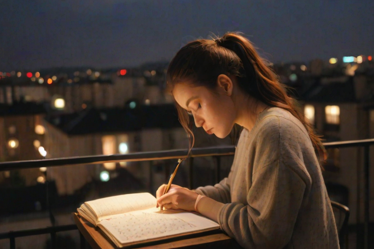 Warmly lit image of a young woman sketching in a notebook on a balcony at twilight, with soft city lights twinkling below and distant car horns faintly audible.