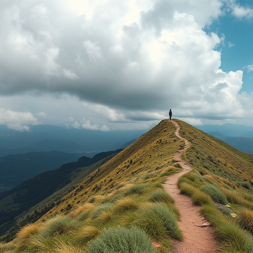 Capture a scenic landscape of a person walking along a winding trail on a mountain with dramatic clouds overhead, use a Canon EOS R5 with a 24-70mm f/2.8 lens, settings at ISO 100, aperture f/8, shutter speed 1/250s, taken from a low angle to emphasize the foreground and depth, in natural light for enhanced detail and color vibrancy.