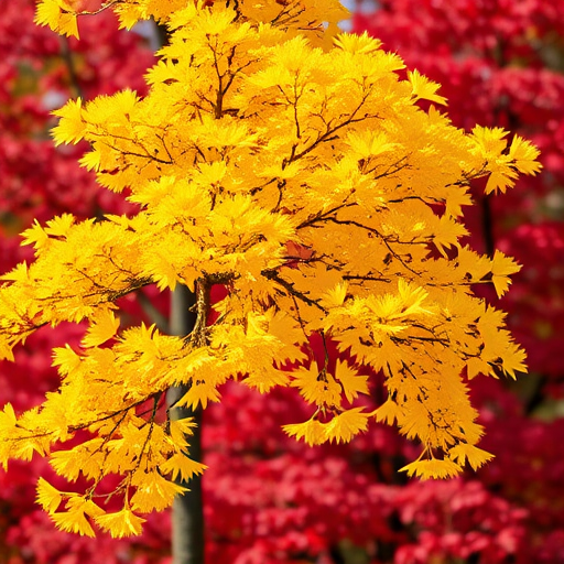 Capture a vibrant autumn scene featuring a ginkgo tree with bright yellow leaves in focus against a backdrop of red foliage, using a DSLR camera with a 50mm lens at f/2.8, ISO 100, shutter speed 1/200s, in soft natural light for enhanced quality.