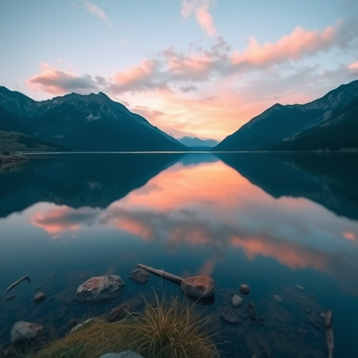 Create an image of a serene landscape featuring a calm lake reflecting surrounding mountains at sunset with soft pastel colors in the sky, taken with a DSLR camera, ISO 100, f/8 aperture, 50mm lens, shot from a low angle to capture foreground details and enhance depth of field.