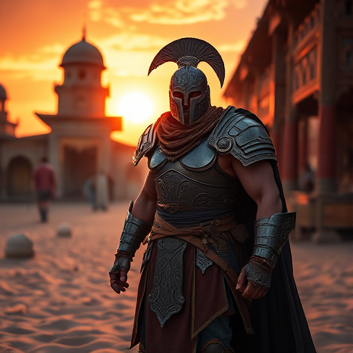Create a richly detailed fantasy scene of a muscular warrior in ornate armor standing confidently in a desert marketplace, with a vibrant sunset casting warm light on the sand and surrounding structures, using a DSLR camera, 50mm lens, f/1.8 aperture, ISO 100, and a warm color palette to enhance the image quality.