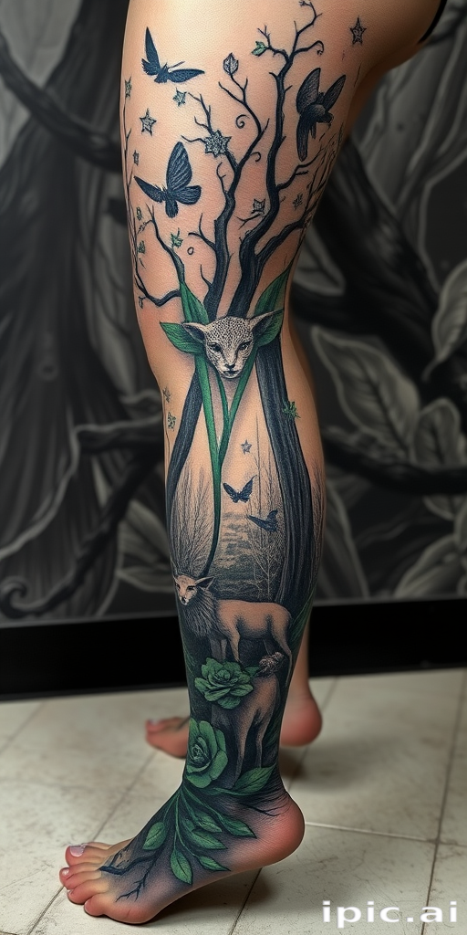 Enchanting body tattoo of a mystical forest scene spanning the entire leg, incorporating photorealistic animals and fairy-tale elements in soft grayscale shading with pops of emerald green