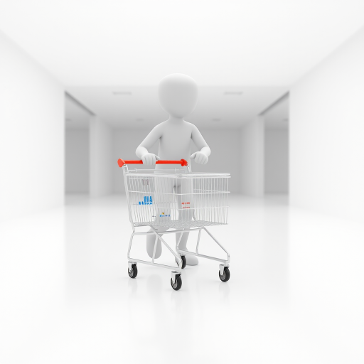 Create a 3D rendering of a humanoid figure pushing a shopping cart in a minimalist white environment, use a 50mm lens, aperture f/8, ISO 100, shot from eye level with soft lighting to enhance details.