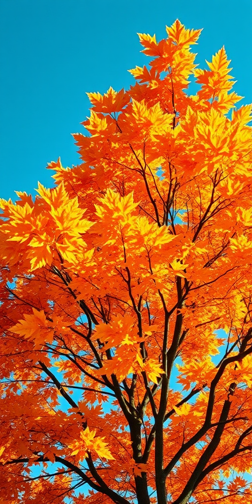 Create a detailed illustration of a tree with vibrant autumn leaves in shades of orange and yellow against a clear blue sky, using a DSLR camera with a 50mm lens, aperture set to f/2.8, shutter speed at 1/200s, ISO 100, in soft natural lighting for enhanced image quality.
