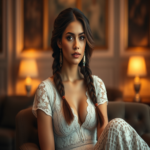 Create a portrait of a refined and elegant woman seated in a sophisticated setting. She has long, wavy hair styled in two thick braids that are pulled over her shoulders. She wears a white, lace gown with intricate patterns, featuring a deep V-neckline and short sleeves. The dress exudes a vintage charm with its delicate lacework. She is adorned with ornate, dangling earrings that add a touch of glamour to her appearance. The background is softly lit, with warm, ambient lighting that creates a cozy and inviting atmosphere. Her expression is poised and serene, capturing a sense of grace and elegance.