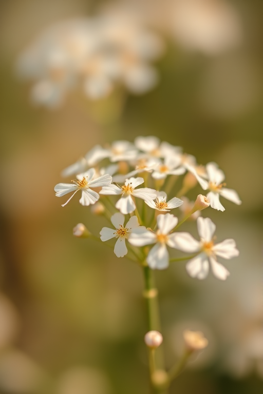 Generate a close-up image of delicate white flowers with a soft background, using a Canon EOS 5D Mark IV, 50mm lens, f/2.8 aperture, ISO 100, and a shallow depth of field for a dreamy effect.