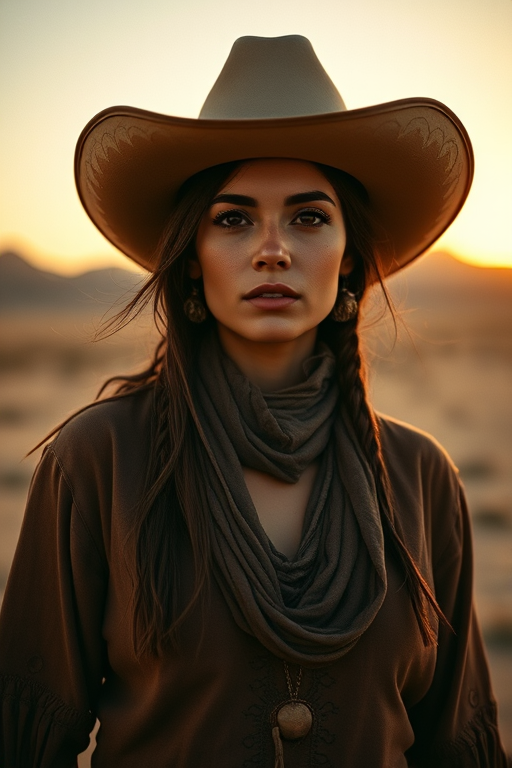 Dramatic photo of a beautiful Coptic woman, classic cowboy attire, confident and free spirit expression, half-length portrait, centered, golden hour desert landscape, warm, diffused light, low angle, medium format film camera, in style of Annie Leibovitz.