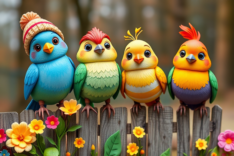 create a scene of 4 quirky  whimsical colourful comical birds each with a funny expression. they are sat on a wooden fence with colourful flowers. they are all different sizes. each one is a different colour  one is wearing a woolly hat. Each one has a different quirky google expression and there is a muted background of trees watercolour paintierly style high definition 8k resolution 3D paper mache