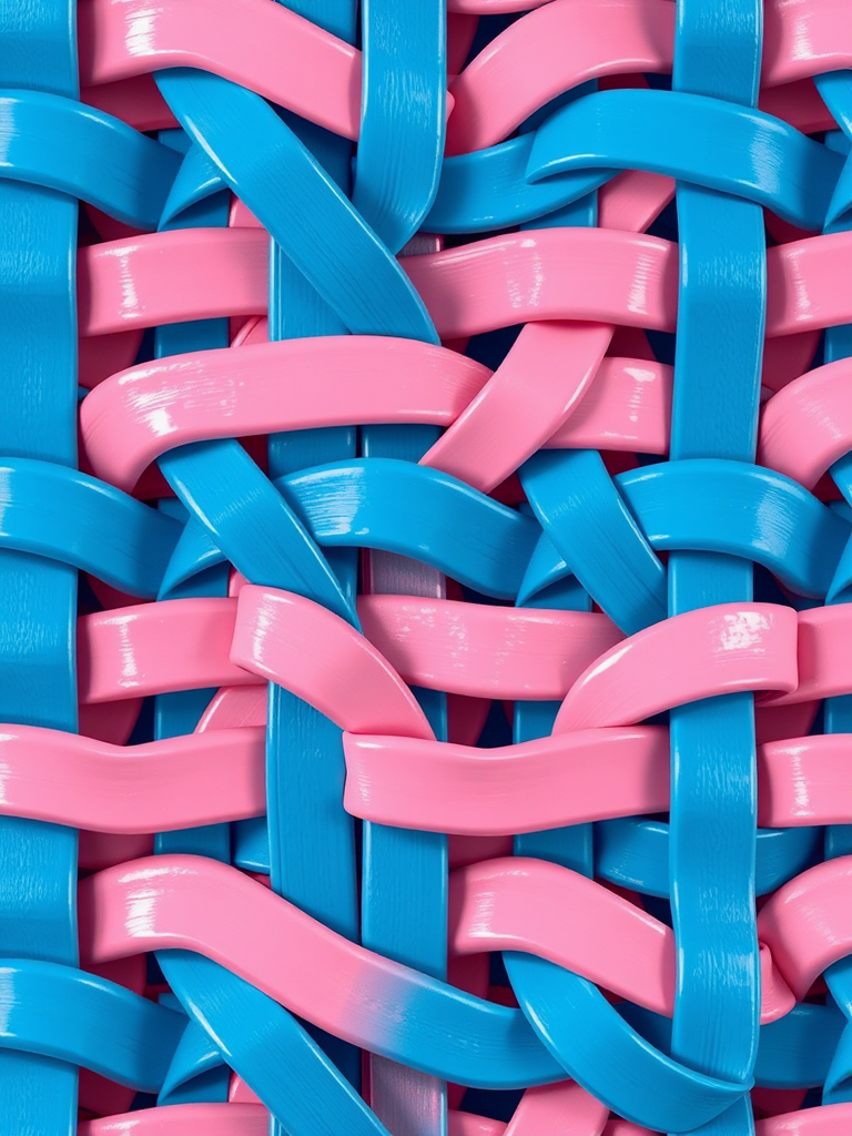 Create a seamless pattern of alternating blue and pink 3D woven straps with a glossy finish using a Canon EOS R5, ISO 100, f/8, 1/125s, 50mm lens, centered view, with soft natural lighting.