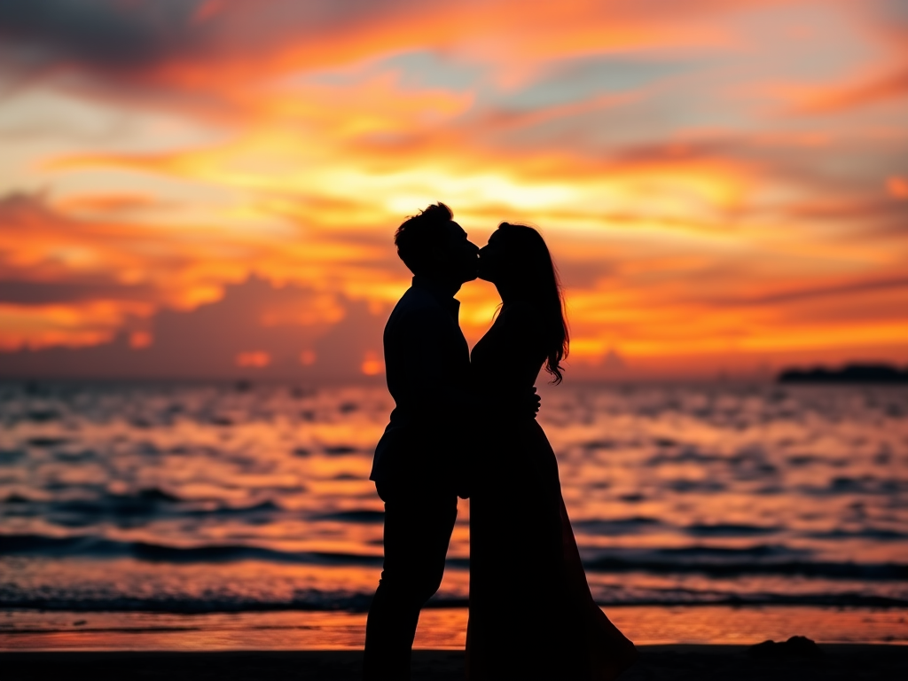 create a romantic sunset silhouette of a couple kissing on a beach with vibrant colors in the sky, 50mm lens, f/1.8 aperture, ISO 100, soft focus, high dynamic range photography, sunset lighting, shot from a low angle to capture reflections in the water