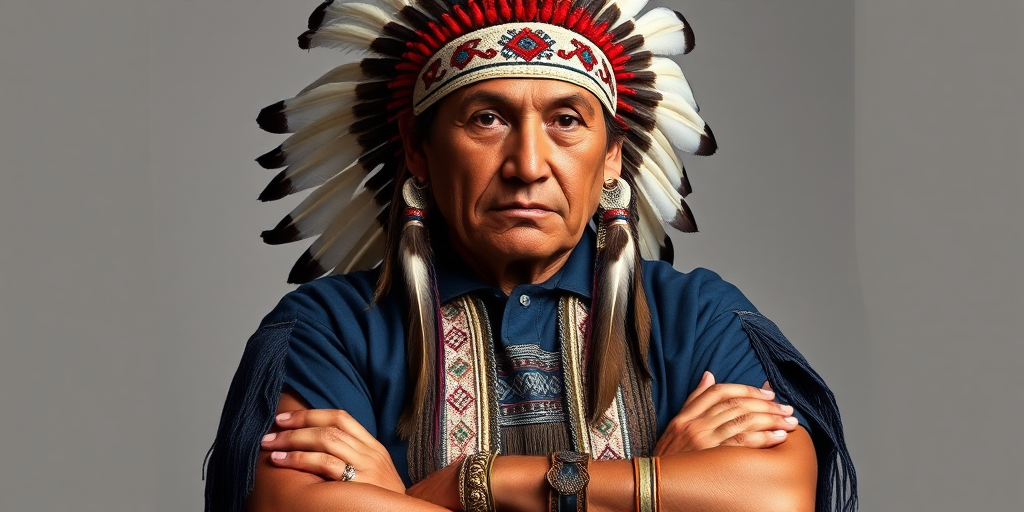 Create a dignified portrait of a Native American man dressed in traditional attire. He wears a beautifully crafted headdress adorned with white feathers and red beads, along with a beaded headband featuring intricate patterns. His clothing includes a deep blue, patterned shirt and a traditional chest piece with detailed beadwork. His arms are crossed, displaying leather armbands decorated with feathers. The background is simple and neutral, emphasizing his proud and stoic expression. The overall image captures the rich cultural heritage and strength of his persona.