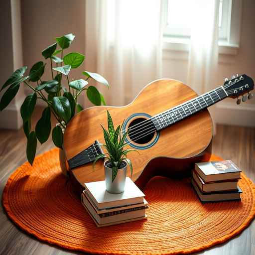 a still life scene featuring a wooden guitar next to a potted plant and stacked books on an orange circular rug, soft natural lighting, shallow depth of field, shot with a DSLR camera at f/2.8, ISO 100, 50mm lens, focus on the guitar and plant