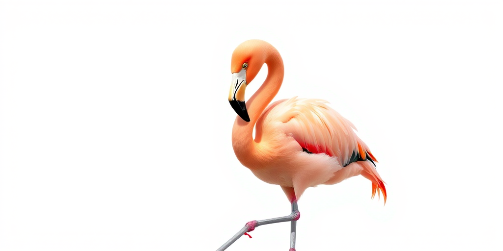 Regenerate a vibrant and detailed illustration of a flamingo standing elegantly on one leg, with a focus on texture and shading, using a digital camera with a 50mm lens, aperture set to f/2.8, ISO 100, 1/200 sec shutter speed, captured from a low angle to emphasize the bird's height and grace in a clean, white background.