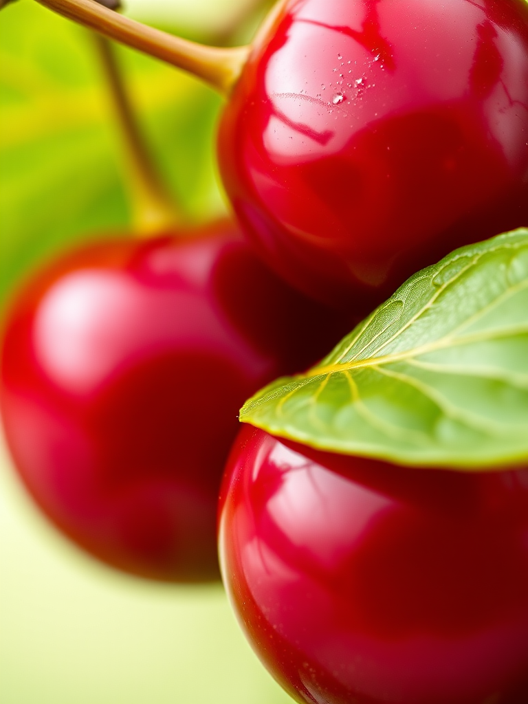 Generate a high-resolution image of two glossy red cherries with a green leaf, captured using a macro lens at f/2.8, ISO 100, with a shallow depth of field and soft natural lighting, ensuring vibrant colors and sharp details.