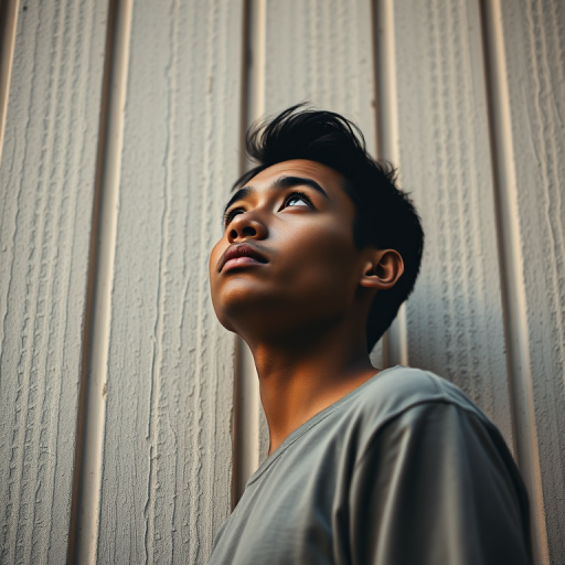 Capture a portrait of a person looking upward against a textured wall with vertical lines, using a full-frame camera, aperture f/2.8, shutter speed 1/250, ISO 100, with a 50mm lens, natural lighting for a soft and warm atmosphere.