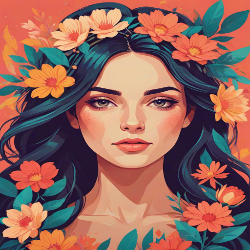 Use modern vector graphics flat design art with vibrant colors with a limited color pallete and simple shapes to create an illustration of a woman wearing flowers in her hair looking at the viewer
