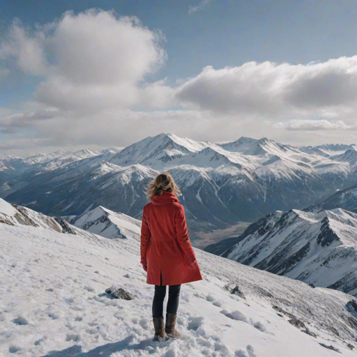 Snow-covered mountain peak, a woman in a red coat standing at the summit, her hair blowing in the icy wind, with vast snowy plains stretching out below.