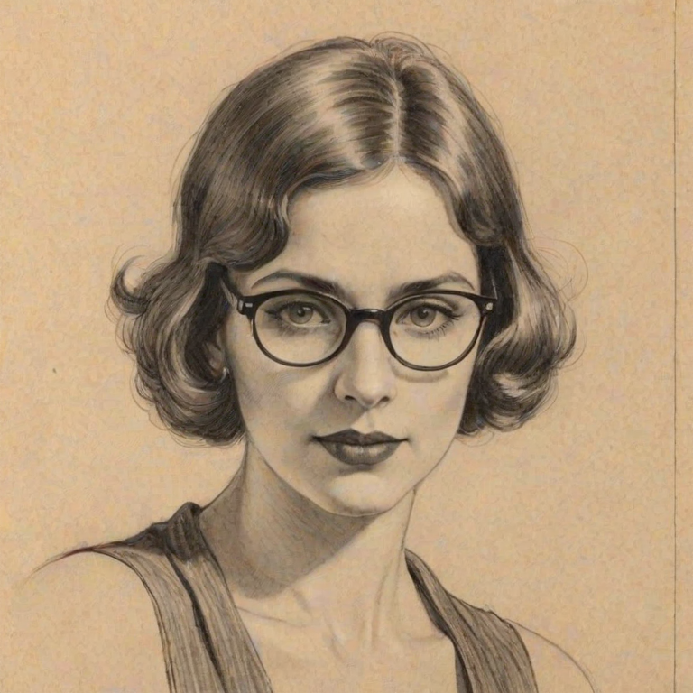 Enticing Shoshannah Stern, pencil sketch, portrait of Wonderful woman 1928s in glasses, hair style beatnik, outline, clear lines, fine lines, 8k